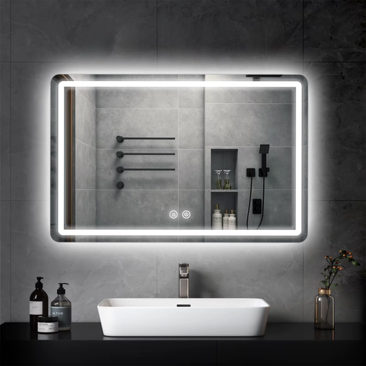 AURA GLOW rectangular LED mirror in landscape format, lit above a vessel basin