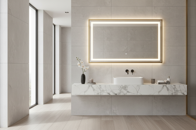 luxury LED mirror in a modern UK home high value