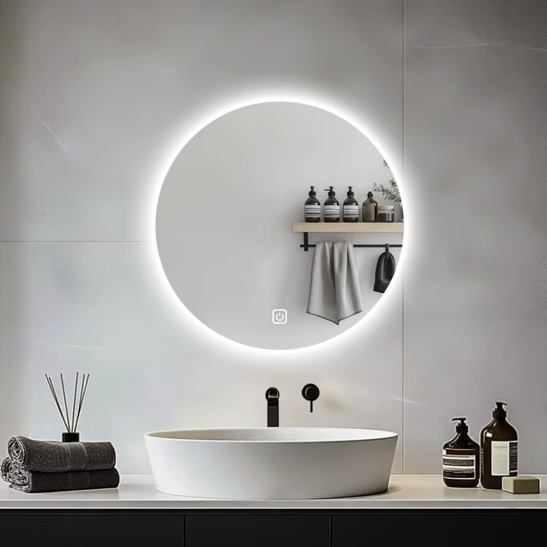 AURA HALO round backlit LED mirror above a white basin in a light grey bathroom