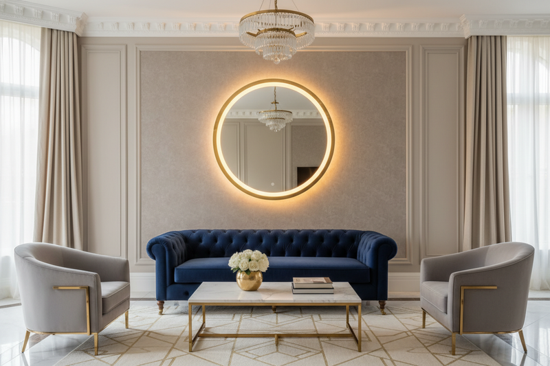 LED Mirror in a luxury UK house, with the mirror being used in a stylish room